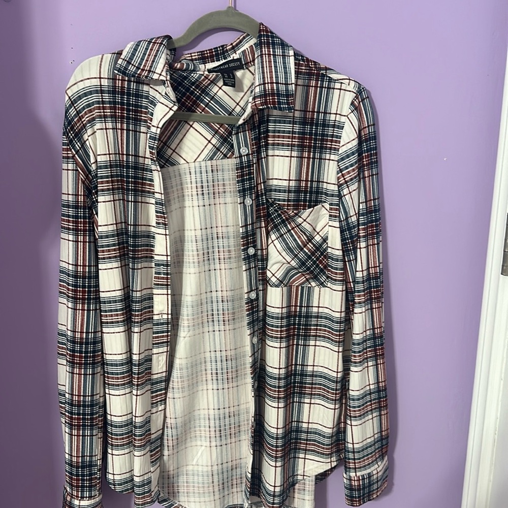 Streetwear Society Thin Ribbed Plaid Button Up Flannel